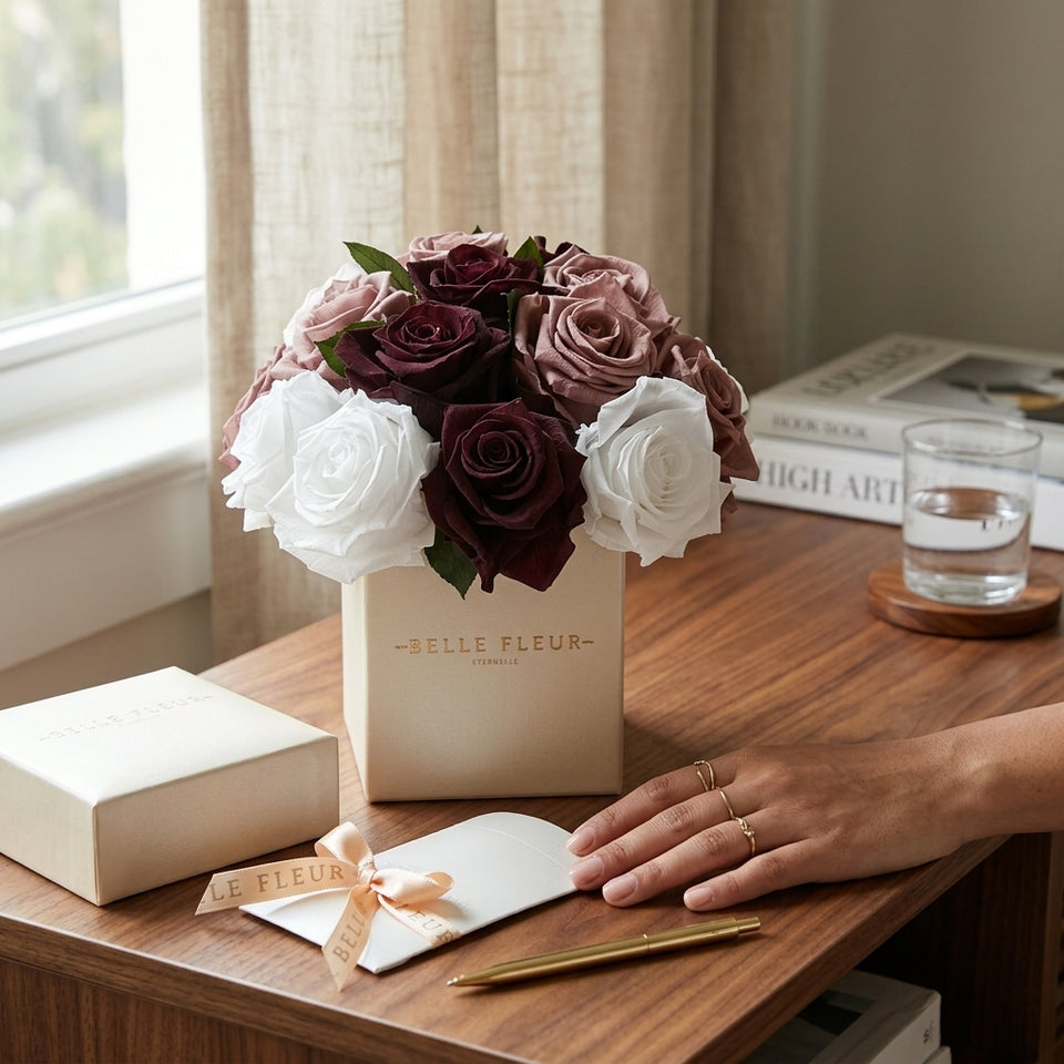 Cajas de rosas Mini Blanca Floral Design 2 de BELLE FLEUR ECUADOR, con diseño floral y detalles en la caja.