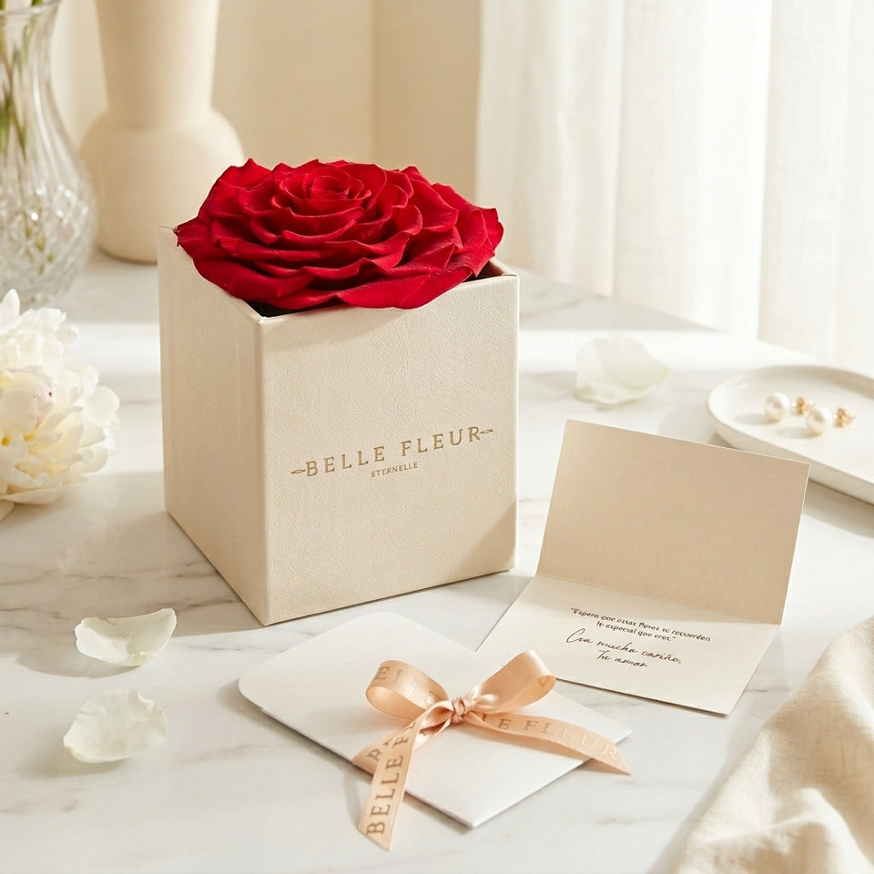 Cajas de rosas blancas La Jolie Blanca RED02 de BELLE FLEUR ECUADOR, con ramo de flores frescas en interior.