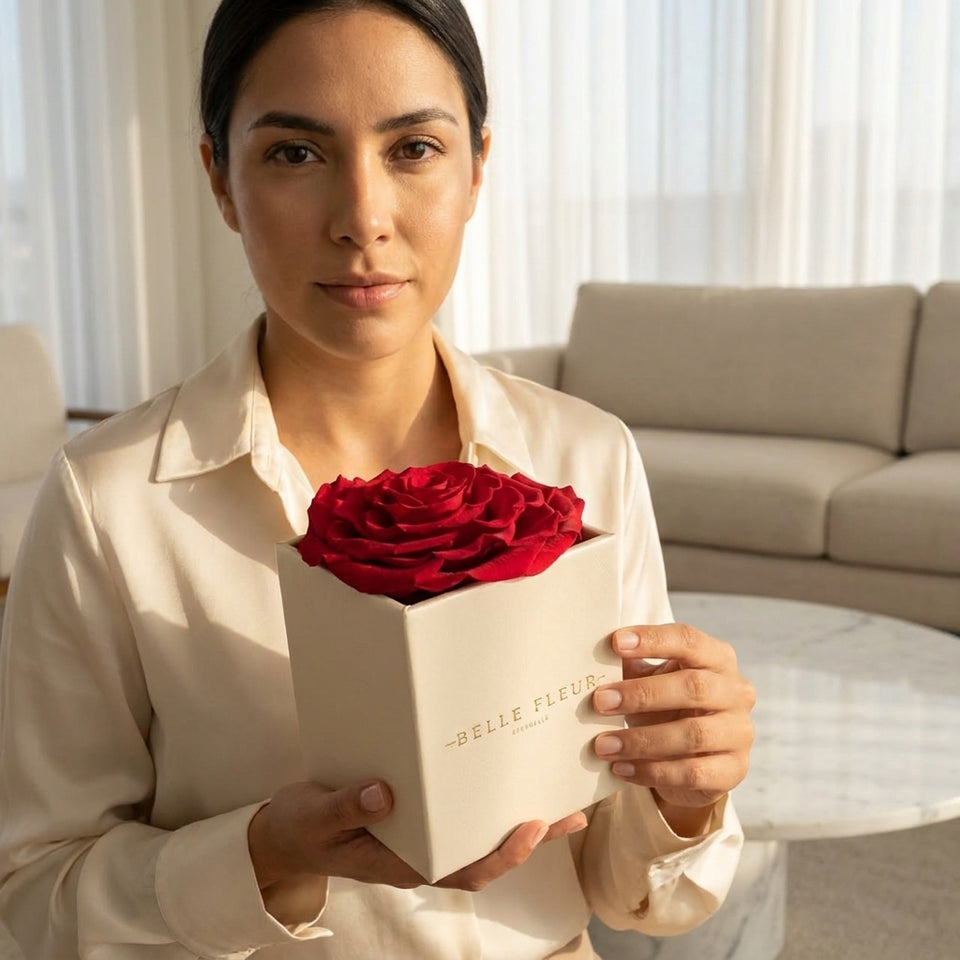 Cajas de rosas blancas La Jolie Blanca RED02 de BELLE FLEUR ECUADOR, con elegantes detalles y diseño sofisticado.
