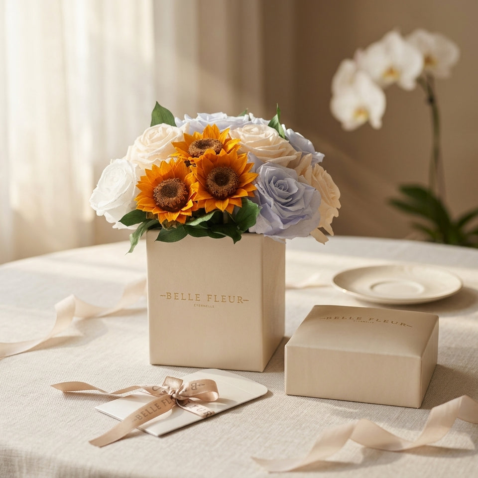 Caja de rosas La Mini Blanca Floral Design Tournesol de BELLE FLEUR ECUADOR, con flores blancas y diseño floral en la caja.