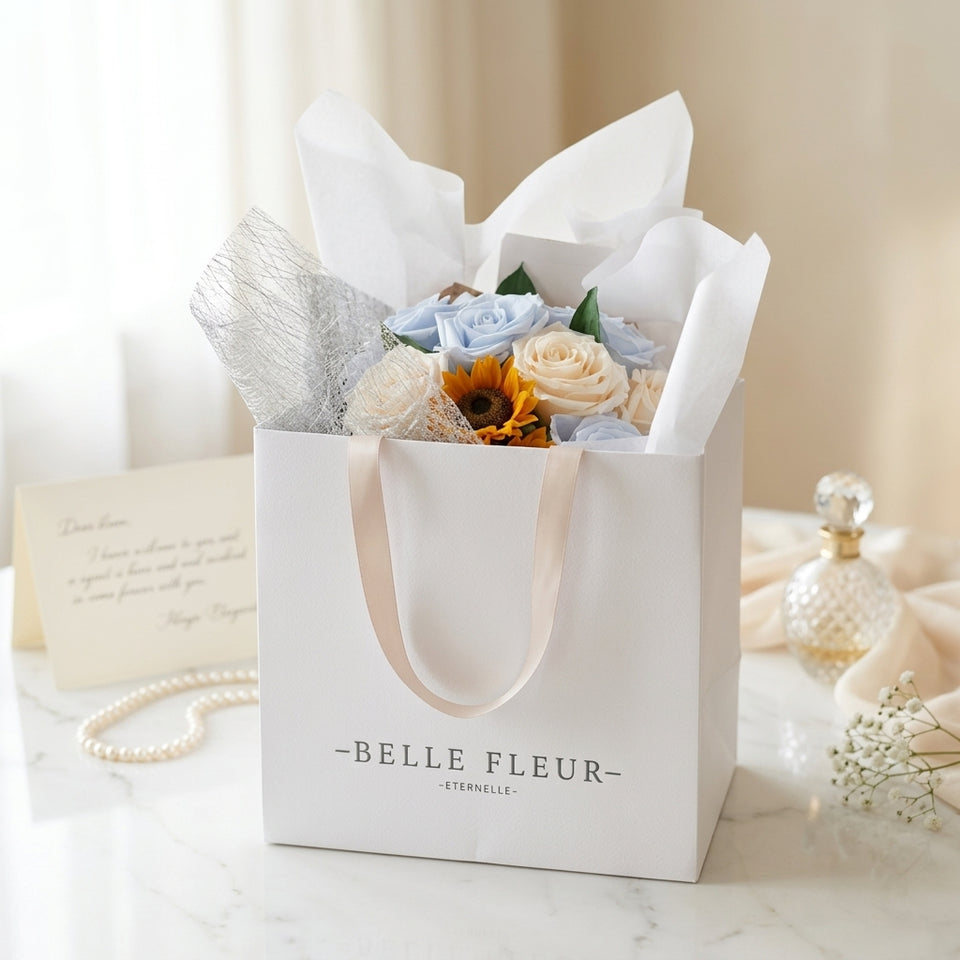 Caja de rosas Mini Blanca con diseño floral y girasol, de la marca BELLE FLEUR ECUADOR, en una sesión de fotos.