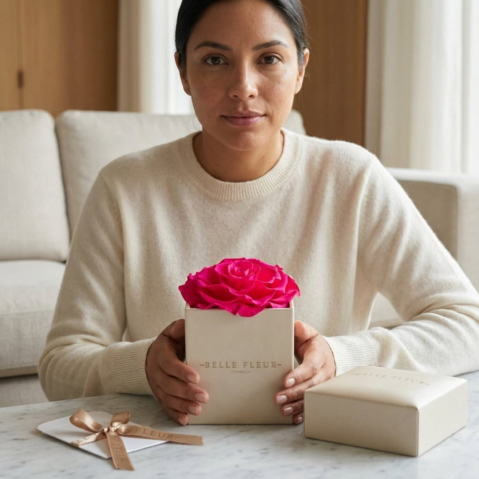Cajas de rosas blancas La Jolie Blanca PINK de BELLE FLEUR ECUADOR, con flores frescas y elegantes en una presentación floral.