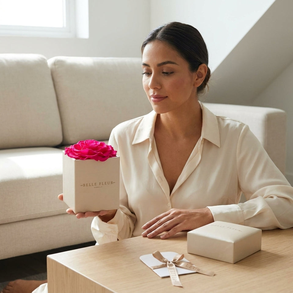 Cajas de rosas La Jolie Blanca PINK de BELLE FLEUR ECUADOR con flores rosas en caja elegante, para presentar en evento o regalo.
