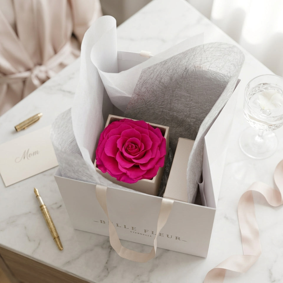 Caja de rosas blancas La Jolie Blanca PINK de BELLE FLEUR ECUADOR, con rosas frescas y elegantes en una presentación sencilla.