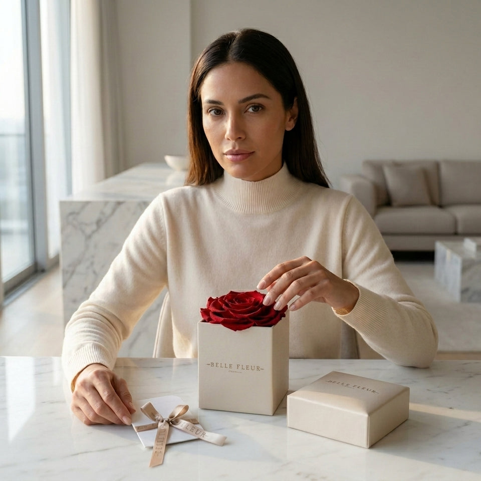 Cajas de rosas blancas La Jolie Blanca RED01 de BELLE FLEUR ECUADOR, con flores frescas y elegantes en una presentación cuidada