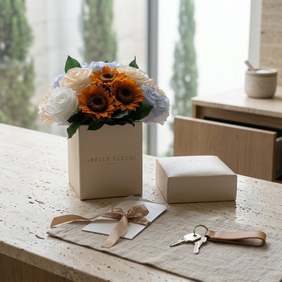 Caja de rosas La Mini Blanca con diseño floral y girasol, de BELLE FLEUR ECUADOR, mostrando flores blancas y decorativas en la caja.