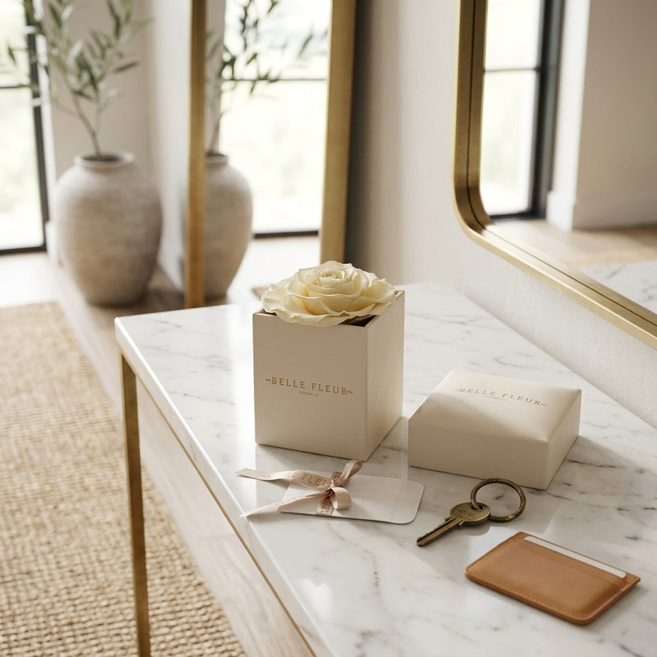 Cajas de rosas La Jolie Blanca Beige de la marca BELLE FLEUR ECUADOR, con flores delicadas y envase elegante.