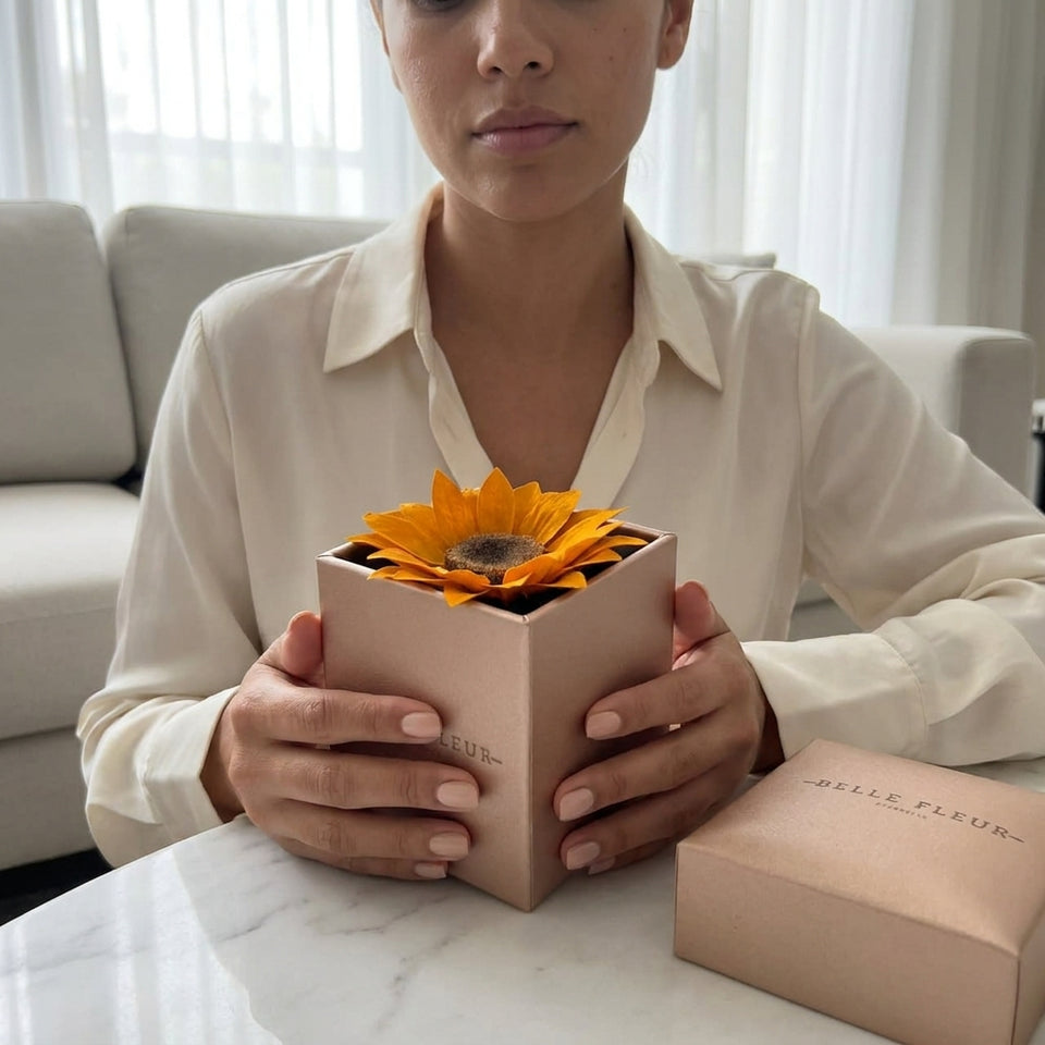 Caja de rosas Le Tournesol Rosé de BELLE FLEUR ECUADOR con flores rosadas en un set elegante.