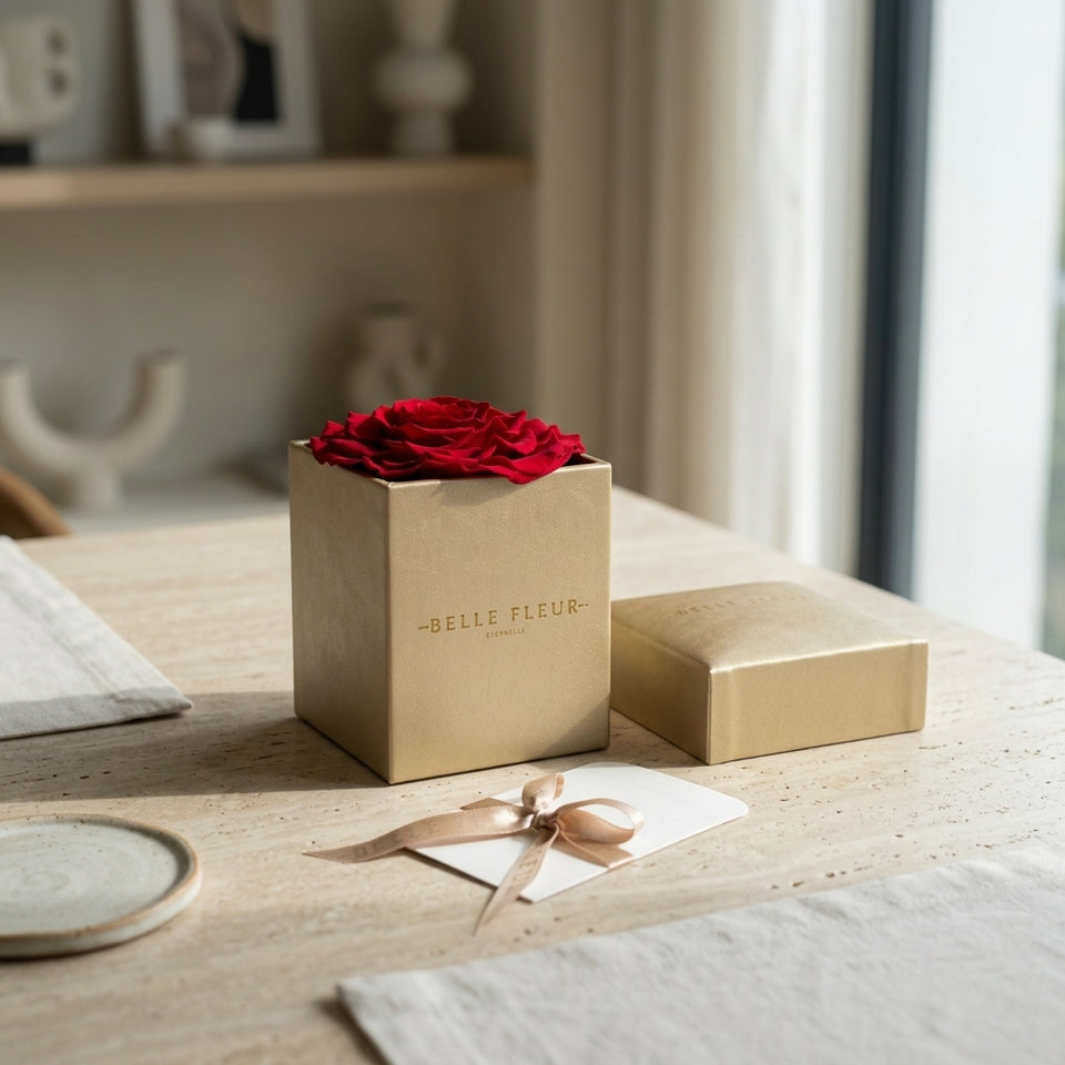 Cajas de rosas La Jolie D'Ór RED02 de BELLE FLEUR ECUADOR, con flores rojas en elegante presentación.