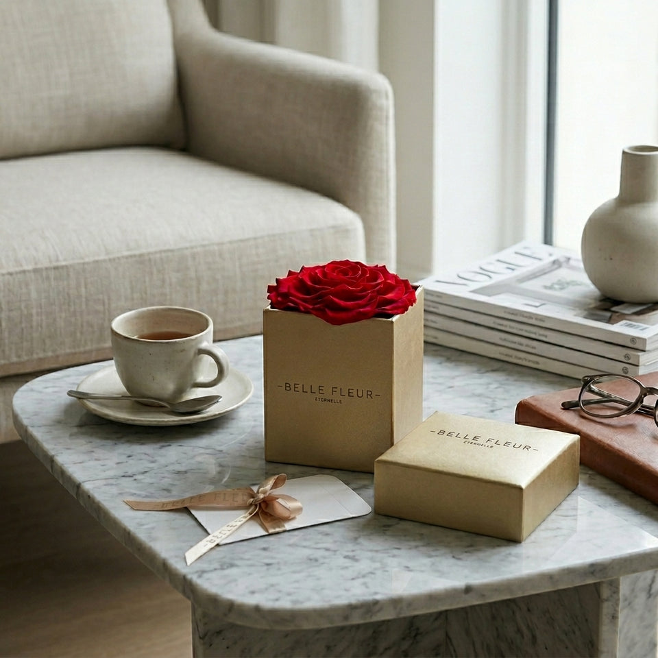 Cajas de rosas La Jolie D'Ór RED02 de BELLE FLEUR ECUADOR con rosas rojas en una elegante caja decorativa