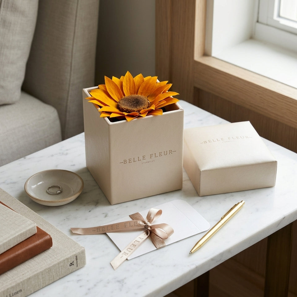 Cajas de rosas blancas Le Tournesol Blanco de BELLE FLEUR ECUADOR, con flores frescas y elegantes en una presentación atractiva