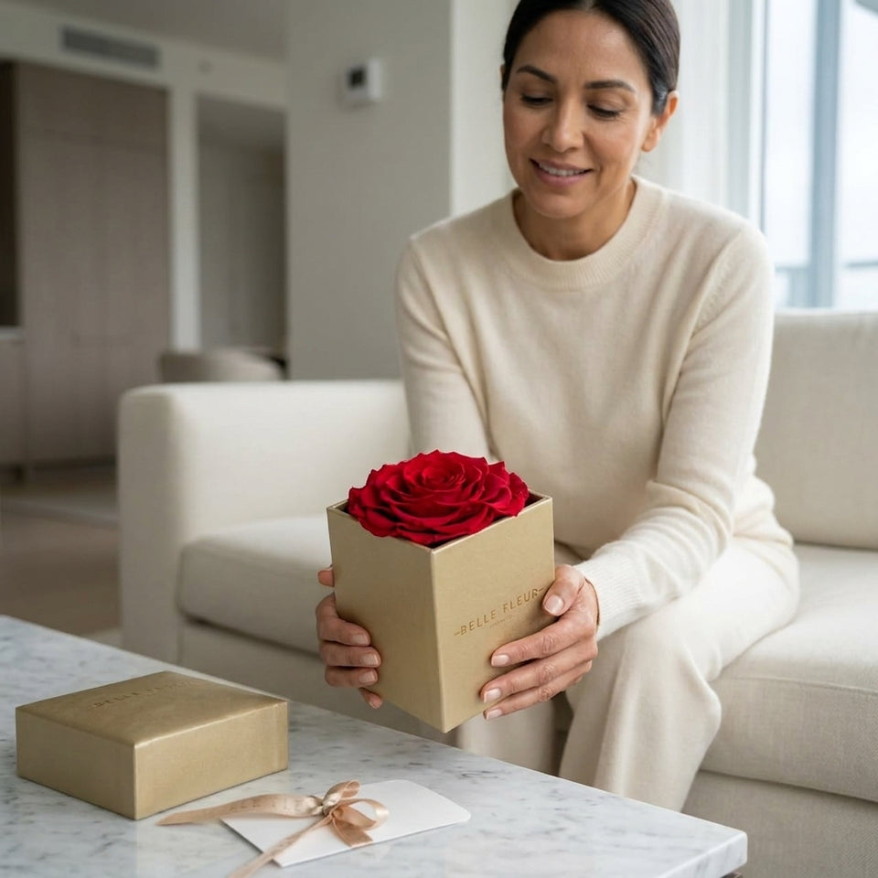 Cajas de rosas La Jolie D'Ór RED02 de BELLE FLEUR ECUADOR, con rosas rojas en una elegante caja de flores.