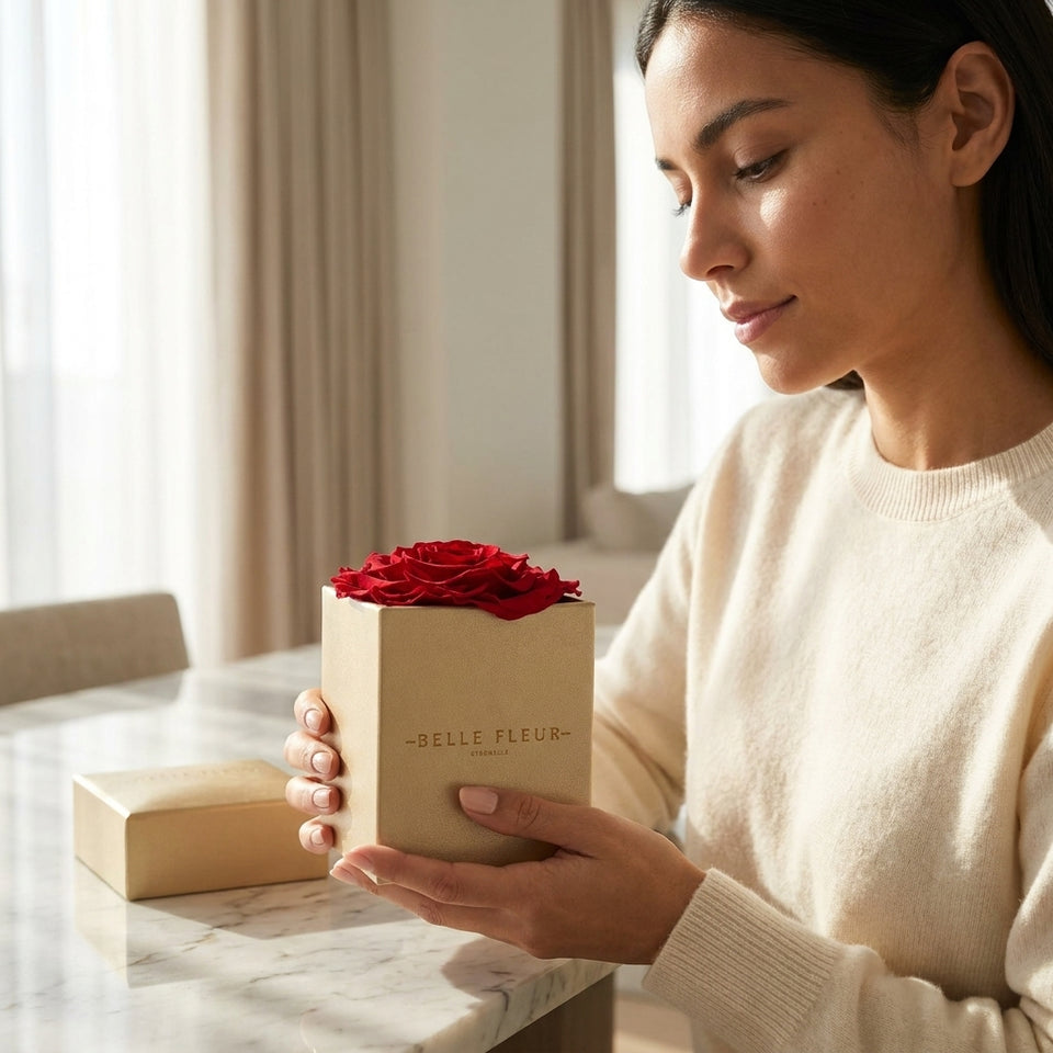 Cajas de rosas La Jolie D'Ór RED02 de BELLE FLEUR ECUADOR, con elegantes paquetes de flores en tonos rojos.