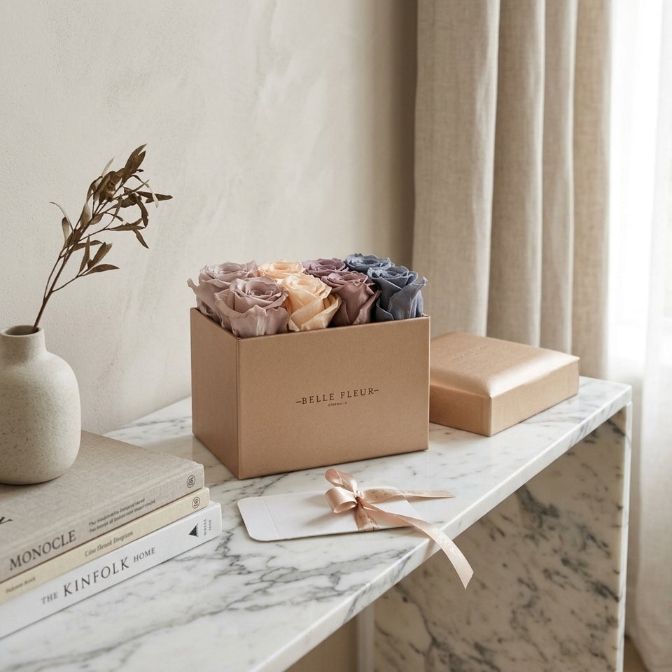 Cajas de rosas La Midi Rosé Dégradé de BELLE FLEUR ECUADOR con flores rosadas en una presentación elegante.