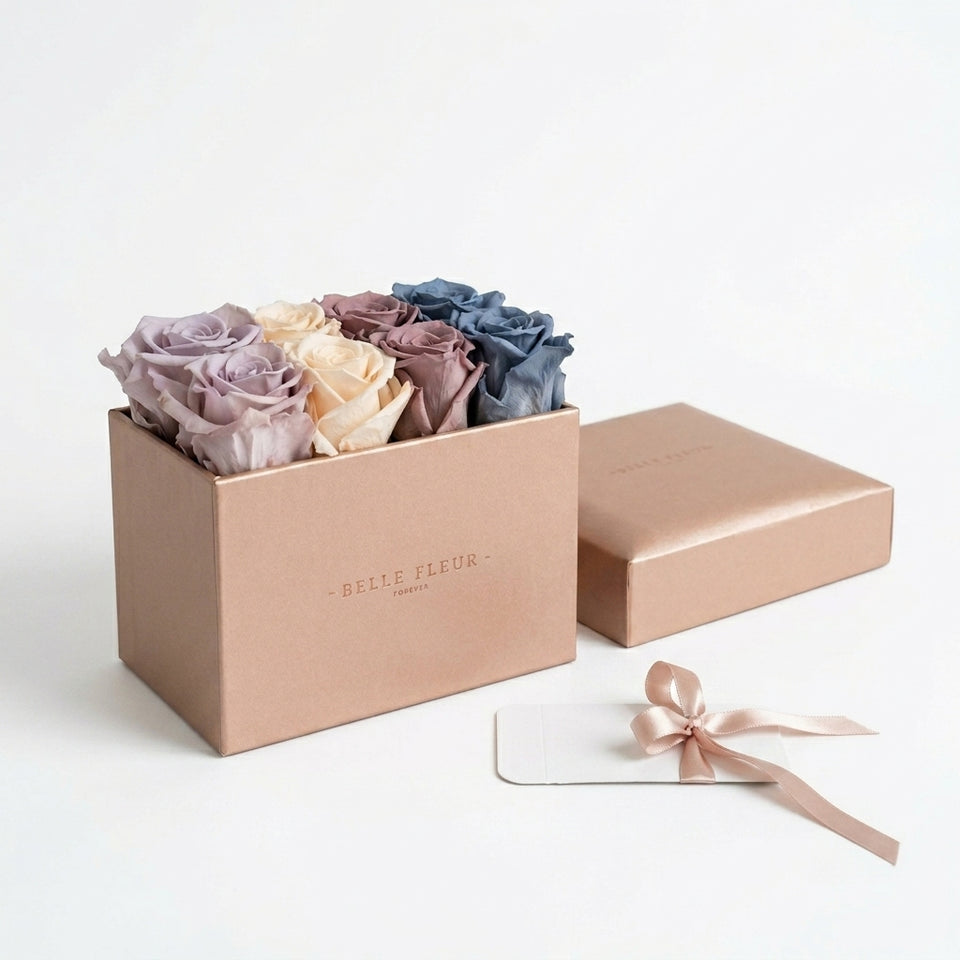 Cajas de rosas La Midi Rosé Dégradé de BELLE FLEUR ECUADOR con rosas en tonos rosados y degradados en una caja elegante