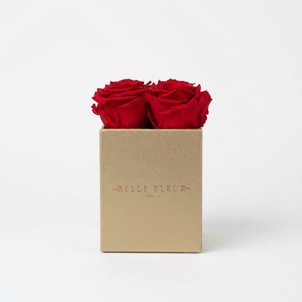 Caja de rosas La Mini Dorada RED de BELLE FLEUR ECUADOR, con rosas rojas en una elegante caja de flores.