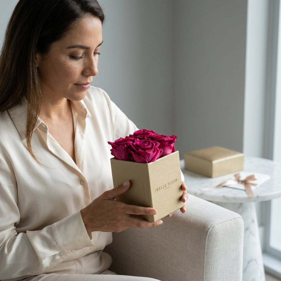 Cajas de rosas La Mini Dorada PINK 2 de la marca BELLE FLEUR ECUADOR, con rosas en tonos rosados en una elegante caja.
