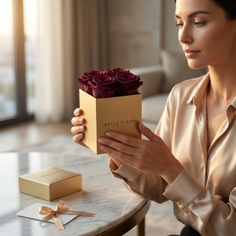 Cajas de rosas La Mini Dorada VIO de BELLE FLEUR ECUADOR con hermosos arreglos florales en tonos vibrantes.