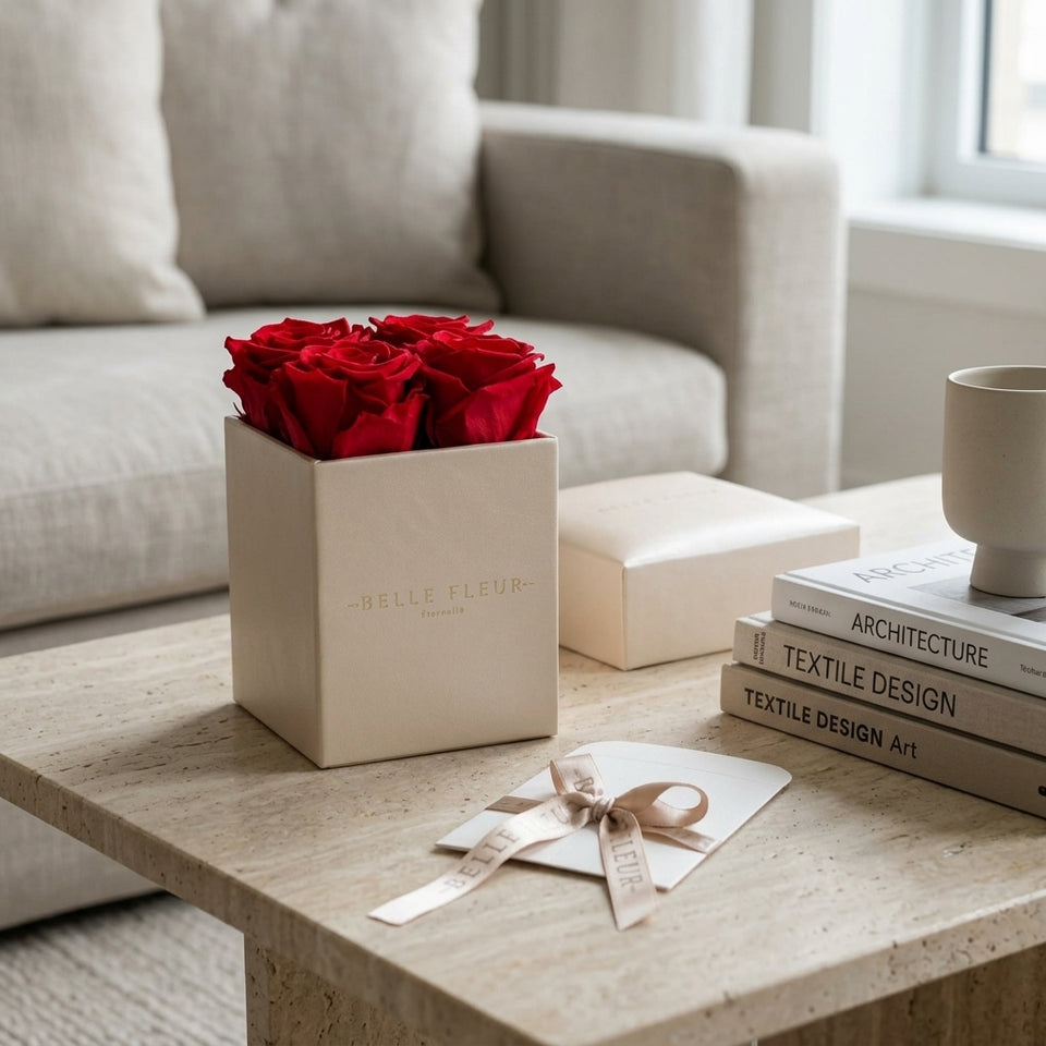 Cajas de rosas La Mini Blanca RED de BELLE FLEUR ECUADOR, presentación elegante con rosas rojas en caja decorativa.