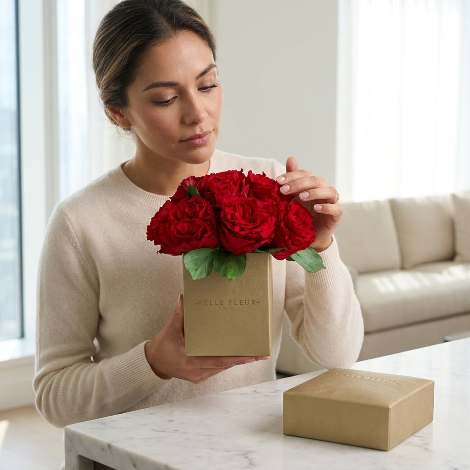 Cajas de rosas La Mini Dorada Rose du Jardin de BELLE FLEUR ECUADOR con rosas amarillas en una presentación elegante.