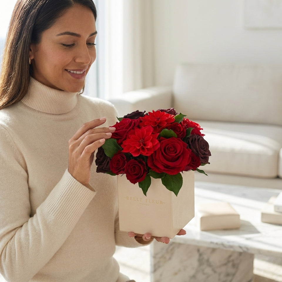 Cajas de rosas La Mini Blanca Floral Design Dalias de BELLE FLEUR ECUADOR con elegantes flores blancas y diseño floral.