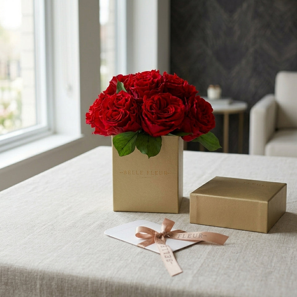 Caja de rosas mini doradas La Mini Dorada Rose du Jardin de BELLE FLEUR ECUADOR, con rosas en tonos dorados y elegantes detalles.
