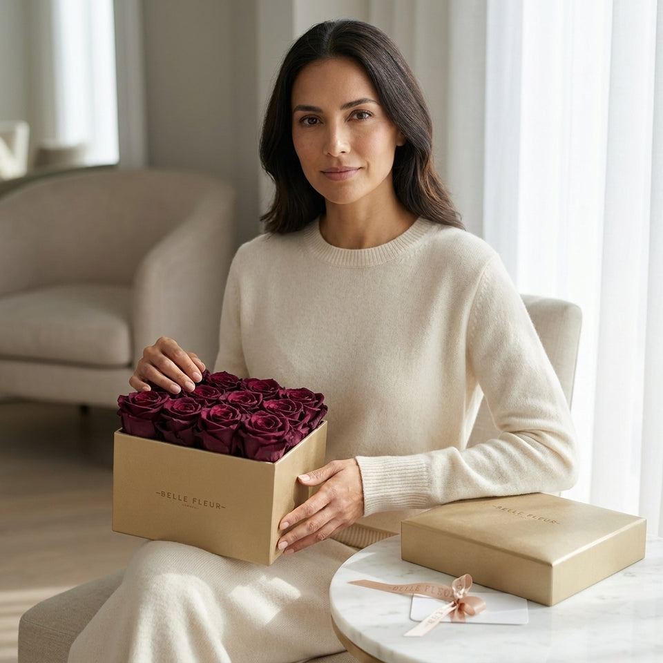 Cajas de rosas La Midi Dorada Violeta de BELLE FLEUR ECUADOR, con flores decorativas en tonos violetas y dorados.