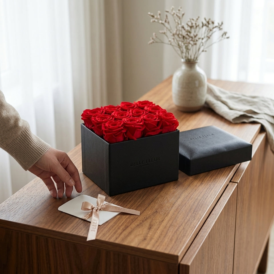 Cajas de rosas La Midi Negra Rojo de BELLE FLEUR ECUADOR, con flores rojas y negras en una elegante caja de regalo.