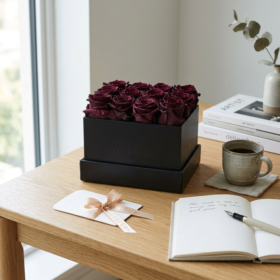 Cajas de rosas La Midi Negra Violeta de BELLE FLEUR ECUADOR con flores frescas y elegantes en una presentación atractiva.