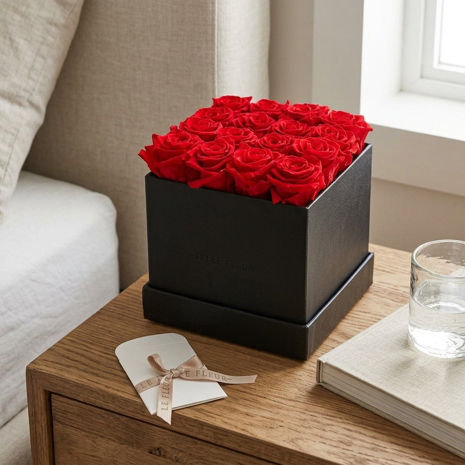 Caja de rosas La Grand Negra Rojo de BELLE FLEUR ECUADOR, con arreglos florales en tonos rojos en una elegante caja.