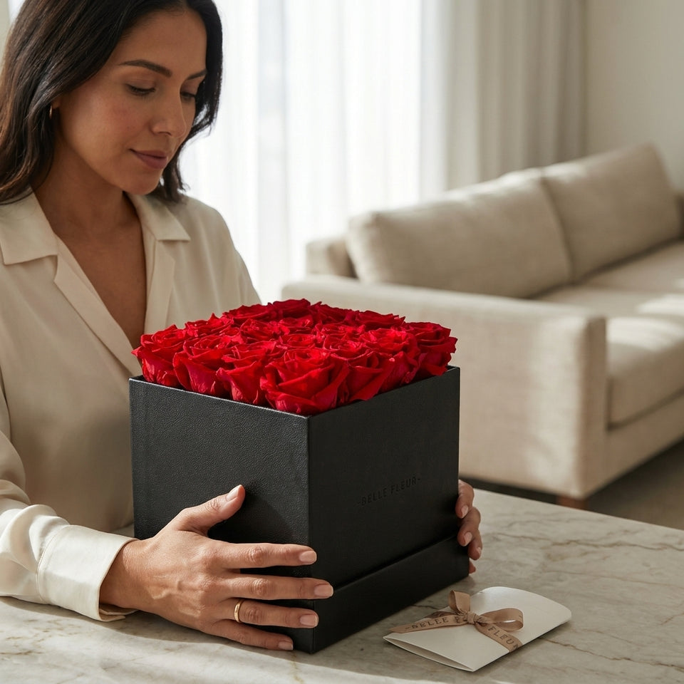 Cajas de rosas La Grand Negra Rojo de BELLE FLEUR ECUADOR, empaquetadas en elegantes cajas de rosas rojas.