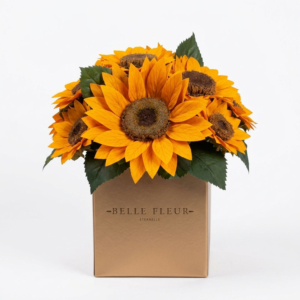 Cajas de rosas La Mini Rosé Tournesol de BELLE FLEUR ECUADOR, con flores rosadas y amarillas en una elegante caja de flores.