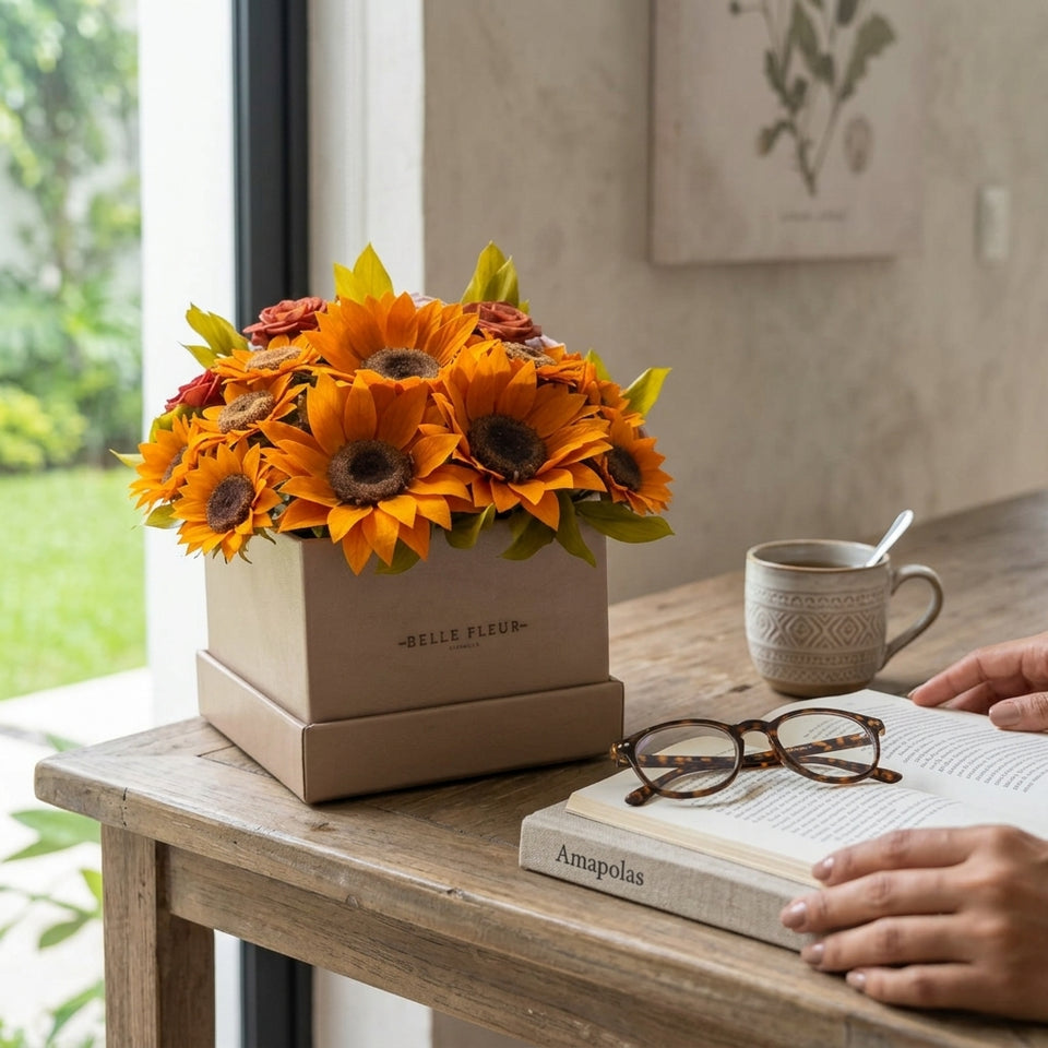 Cajas de rosas La Midi Floral Design Tournesol de BELLE FLEUR ECUADOR con flores y diseño floral brillante.