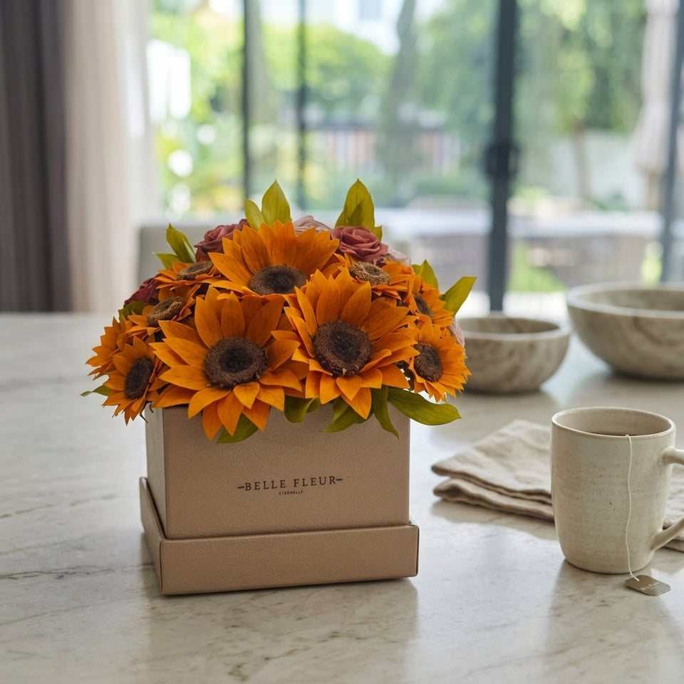 Caja de rosas La Midi Floral Design Tournesol de BELLE FLEUR ECUADOR con flores de diseño floral y tonos vibrantes.