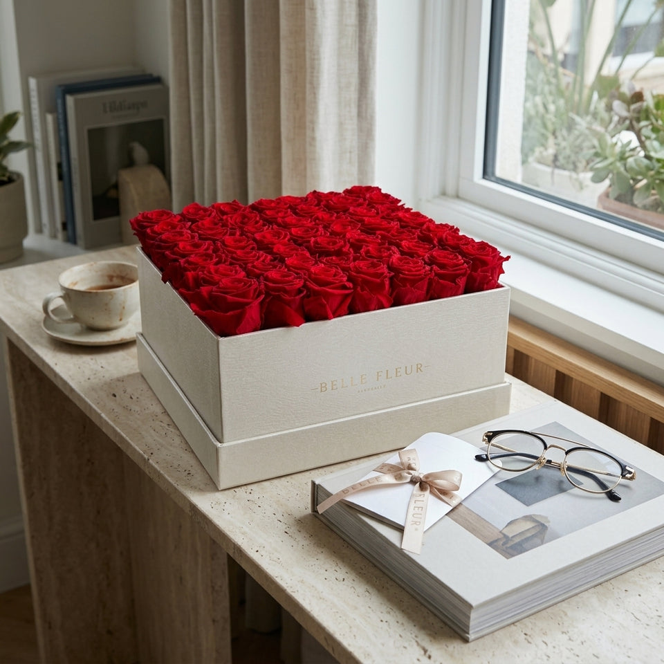 Cajas de rosas blancas perladas La Maxime Quarante et Neuf de la marca BELLE FLEUR ECUADOR, con flores en una caja elegante.