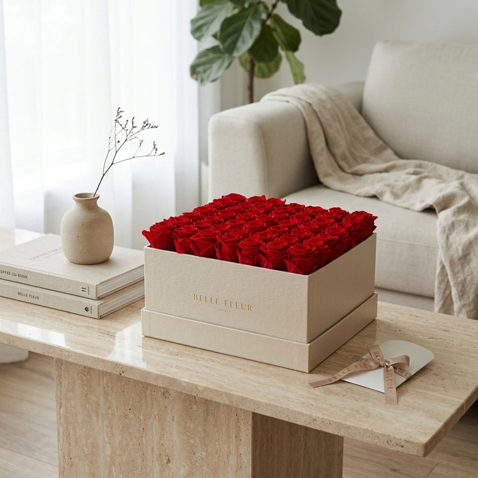 Cajas de rosas La Maxime Quarante et Neuf blanca perlada de la marca BELLE FLEUR ECUADOR, en una elegante presentación.