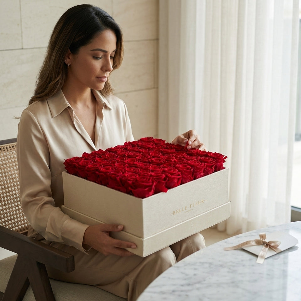 Cajas de rosas blancas perladas La Maxime Quarante et Neuf de la marca BELLE FLEUR ECUADOR en una sesión de fotos