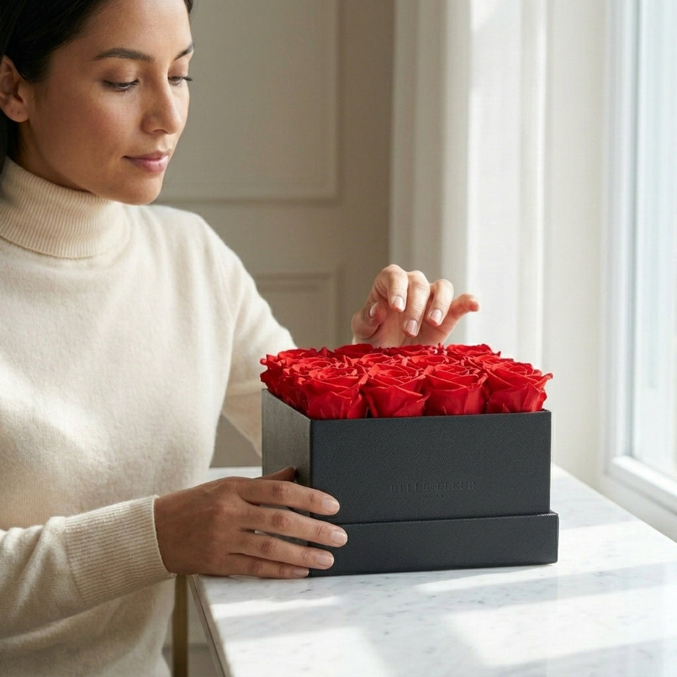 Cajas de rosas La Midi Negra Rojo de BELLE FLEUR ECUADOR, con elegantes flores rojas en caja decorativa.