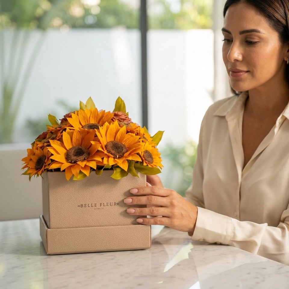 Cajas de rosas La Midi Floral Design Tournesol de BELLE FLEUR ECUADOR, con flores coloridas y diseño elegante.