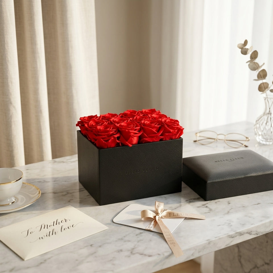 Cajas de rosas La Midi Negra Rojo de BELLE FLEUR ECUADOR con elegantes cajas de flores para ocasión especial.