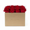 Cajas de rosas La Midi Dorada Rojo de BELLE FLEUR ECUADOR, con elegantes rosas rojas en caja decorativa.