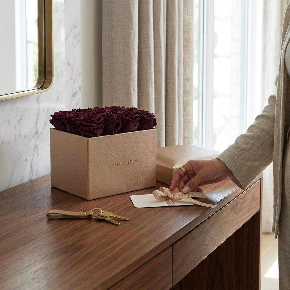 Caja de rosas La Midi Gold Rose Morado de BELLE FLEUR ECUADOR, con flores moradas y detalles elegantes en la caja.