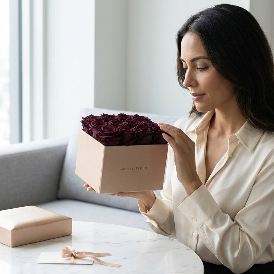 Cajas de rosas La Midi Gold Rose Morado de BELLE FLEUR ECUADOR con rosas moradas y detalles dorados en una caja elegante.