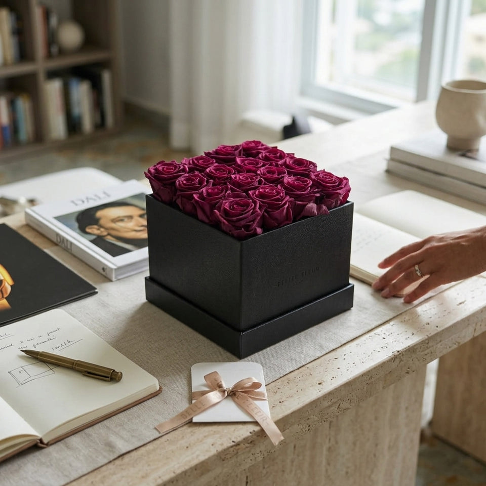 Cajas de rosas La Grand Negra Morado de BELLE FLEUR ECUADOR con elegantes rosas moradas en caja decorativa.