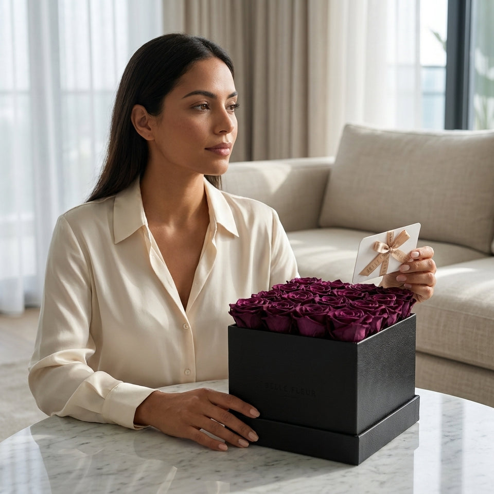 Caja de rosas La Grand Negra Morado de BELLE FLEUR ECUADOR, elegante presentación de flores en una caja decorativa.