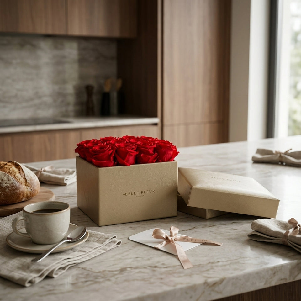 Caja de rosas La Midi Dorada Rojo de BELLE FLEUR ECUADOR, elegante arreglo floral en caja de rosas rojas.