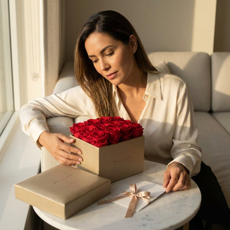 Cajas de rosas La Midi Dorada Rojo de BELLE FLEUR ECUADOR, elegantes y vibrantes en una presentación de flores.